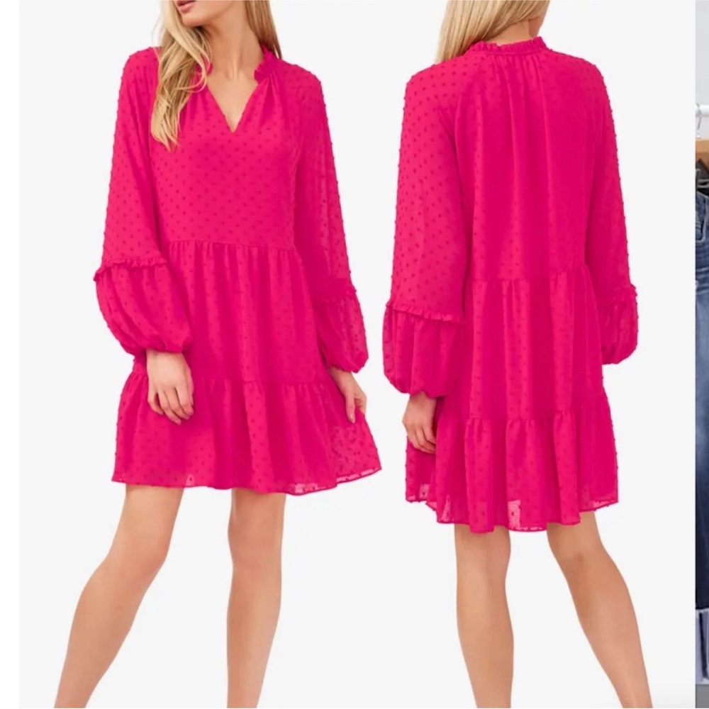 CeCe Hot Pink Clip Dot Babydoll Dress L | Long Sleeve Balloon Sleeve